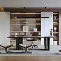 Modern Home Office Interior With Wooden Desk Bookshelves Comfortable Chair And Lighting
