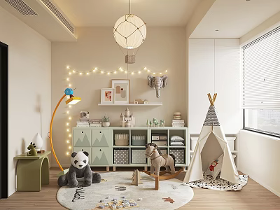 Kids Room Interior With Teepee Tent String Lights Panda Plush Rocking Horse And Storage Cabinets 3d model