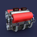 Red Silver Black 3D Modeled Mechanical Engine With Cylindrical Parts And Metal Pipes