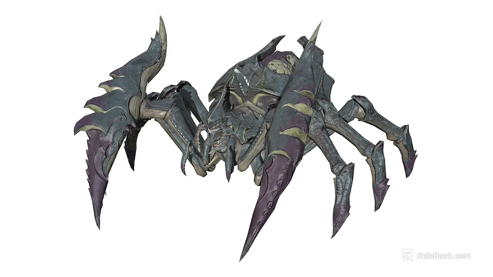Aggressive Dark Armored Fantasy Creature Resembling Spider With Spiked Legs And Purple Yellow Details 3d model 