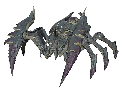 Aggressive Dark Armored Fantasy Creature Resembling Spider With Spiked Legs And Purple Yellow Details 3d model