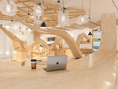 Artistic Book Art Interior Design With Wooden Curved Elements And Creative Display Shelves 3d model