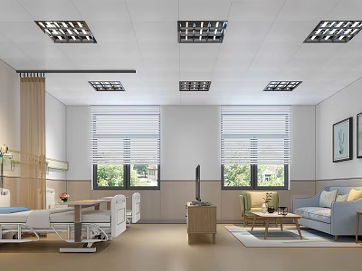 Hospital Outpatient Clinic Interior With Medical Bed Sofa Windows Blinds And Ceiling Lights 3d model