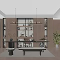 Modern Tea Room Interior With Wooden Display Shelves Tea Sets Long Table And Green Plant