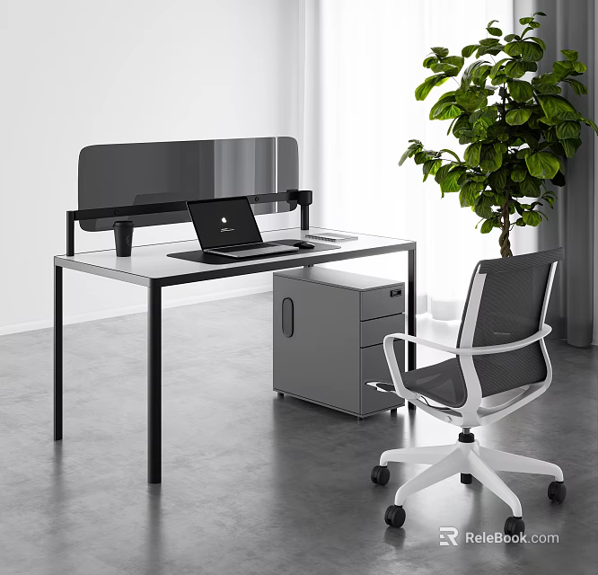 Modern Office Desk With Glass Top Laptop Ergonomic Chair Filing Cabinet And Potted Green Plant 3d model 