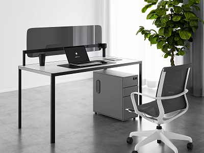 Modern Office Desk With Glass Top Laptop Ergonomic Chair Filing Cabinet And Potted Green Plant 3d model
