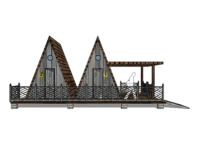 Wooden Buildings With Two Conical Roofs Fence Pergola And Platform Steps 3d model