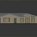 L Shaped Wooden Building With Sloped Metal Roof Supporting Pillars And Large Glass Windows