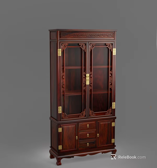 Elegant Wooden Wine Cabinet With Carved Details Gold Hardware And Glass Doors 3d model 