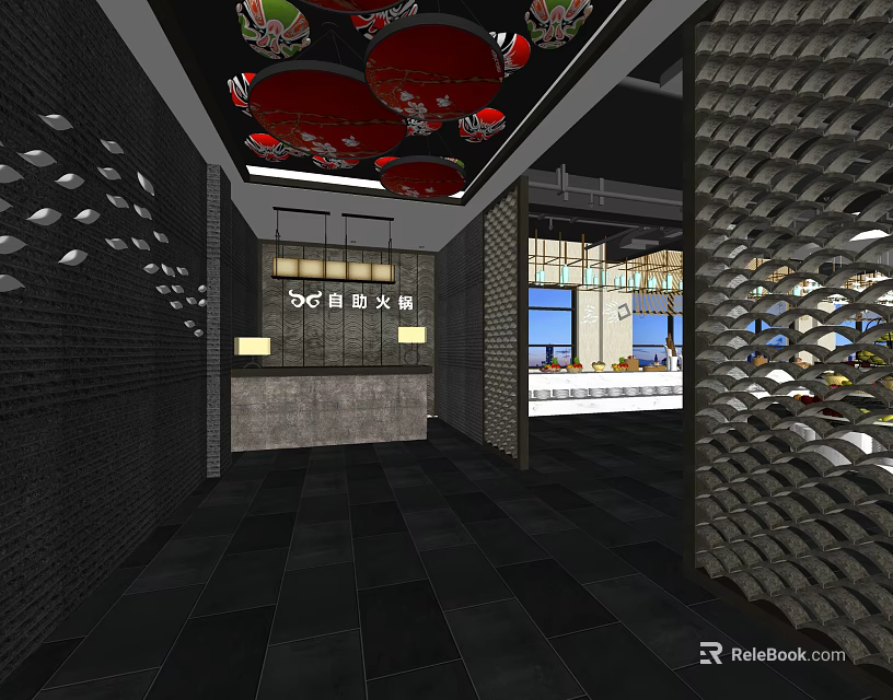 Chinese Style Hotpot Restaurant Interior With Red Decorations Front Desk And Black Walls 3d model 