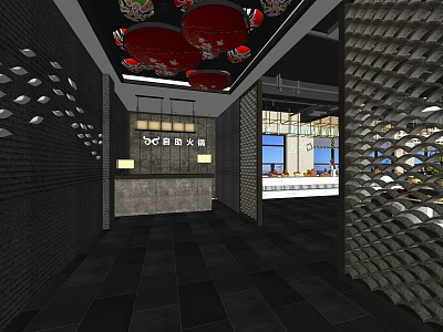 Chinese Style Hotpot Restaurant Interior With Red Decorations Front Desk And Black Walls 3d model