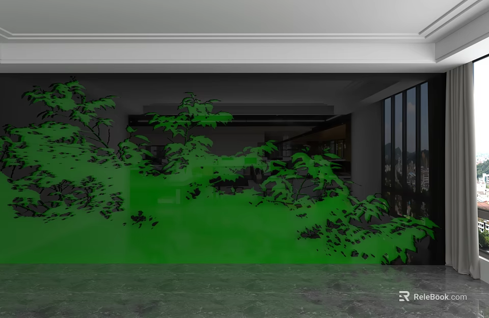 Green Plant Pattern Wall In Modern Interior With Large Windows And Polished Floors 3d model 
