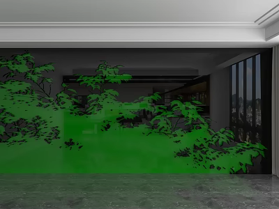 Green Plant Pattern Wall In Modern Interior With Large Windows And Polished Floors 3d model