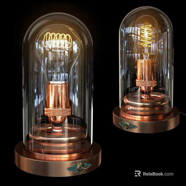 Vintage Table Lamp With Glass Shade Copper Base And Spiral Bulb Design 3d model 