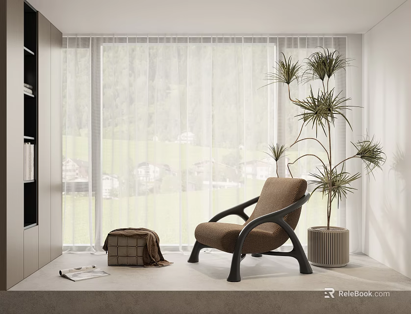 Comfortable Lounge Chair by Large Windows with Mountain View Potted Plant and Cozy Blanket 3d model 