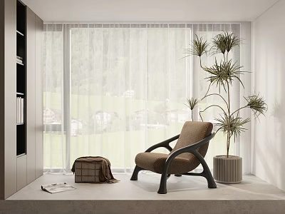 Comfortable Lounge Chair by Large Windows with Mountain View Potted Plant and Cozy Blanket 3d model