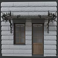 Ornate Iron Awning With Intricate Designs Mounted On Stone Wall Above Windows