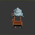 Conch Shaped Wooden Cart With Blue Canopy Hanging Lantern Coral Decor And Small Flower Pots