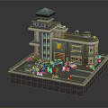 Cartoon Style Police Station Building with Tower Police Cars and Road Barriers