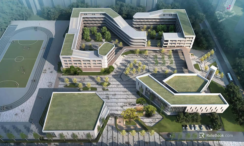 Modern school buildings with green roofs central courtyard sports field and landscaped areas 3d model 