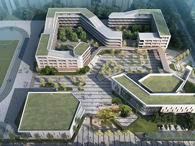 Modern school buildings with green roofs central courtyard sports field and landscaped areas 3d model