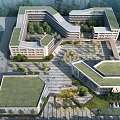 Modern school buildings with green roofs central courtyard sports field and landscaped areas