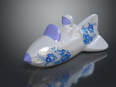 White Airplane Shaped Decorative Ornament With Blue Floral Patterns Purple Seat And Small Pilot Figure 3d model