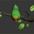 Green parrot with red head perched on branch with green leaves against gray background