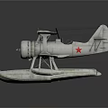 Vintage White Biplane Seaplane With Red Star Markings And Floats