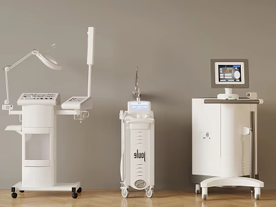 Modern White Wheeled Medical Devices With Display Screens Against Wall On Wooden Floor 3d model