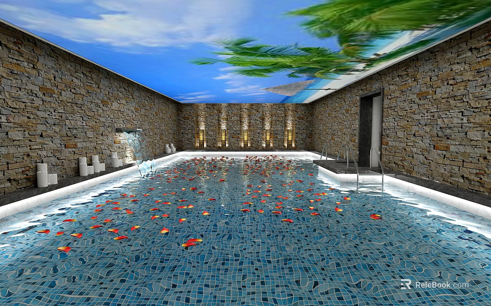 Elegant Shower Sauna Area Featuring Mosaic Pool Flower Petals Stone Walls And Palm Ceiling 3d model 