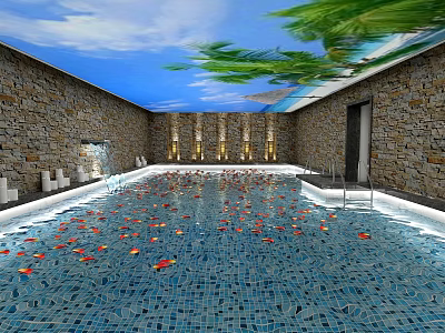 Elegant Shower Sauna Area Featuring Mosaic Pool Flower Petals Stone Walls And Palm Ceiling 3d model