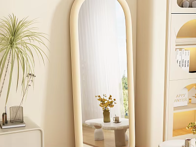 Elegant Dressing Table With Arched Mirror Decorative Vase And Green Plant 3d model