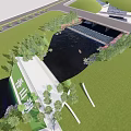 Scenic Waterside Landscape Design With Green Space River Bridge And Pathway