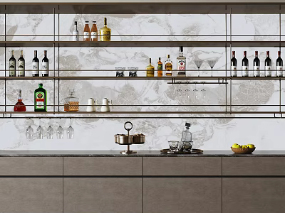 Modern Wine Rack With Glass Shelves Holding Wine Bottles And Hanging Glasses In Kitchen 3d model