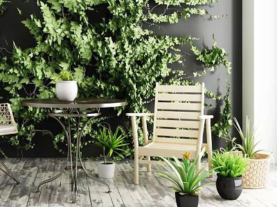 Outdoor Table with Wooden Chair and Potted Plants Near Green Plant Wall 3d model