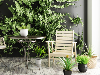 Pastoral Outdoor Table and Chair Leisure Lounger Plant Wall Combination model