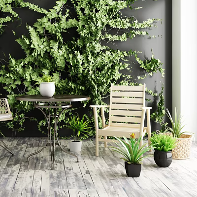 Outdoor Table with Wooden Chair and Potted Plants Near Green Plant Wall 3d model