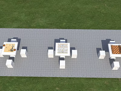 Outdoor Table Set with Chairs in Paved Area Surrounded by Green Grass 3d model