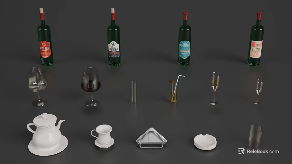 Elegant Tableware Set Including Wine Bottles Glasses Teapot Teacup And Accessories 3d model 