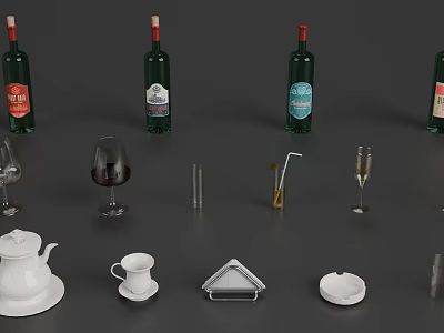 Elegant Tableware Set Including Wine Bottles Glasses Teapot Teacup And Accessories 3d model