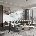 Modern Living Room Interior With Gray Sofa Accent Chair Abstract Painting Large Windows And Blinds