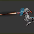 Robot Character With Blue Shield Arm Emitting Orange Beam And Silver Red Blue Mechanical Armor