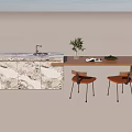 Modern Bar Counter With Marble Countertop Two Chairs Potted Plant Magazine Wooden Floor And Textured Wall