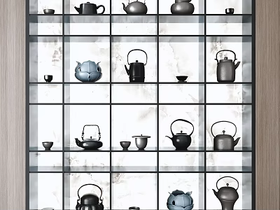 Elegant Modern Tea Set Display With Teapots And Cups On Grid Shelf With Marble Background 3d model