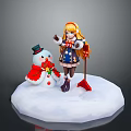 Game And Movie Character Blonde Girl Standing With Snowman On Snowy Ground Red Shovel