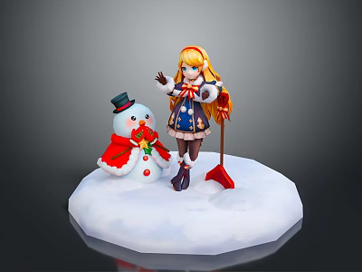 Game And Movie Character Blonde Girl Standing With Snowman On Snowy Ground Red Shovel 3d model