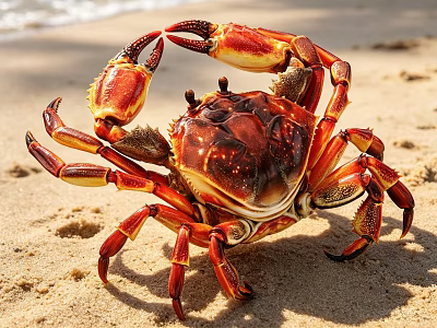 Red And Yellow Reptile With Claws Crawling On Sandy Beach Shore 3d model