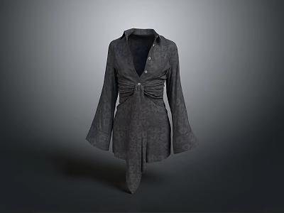 Gray Long Sleeve V Neck Shirt With Ruched Waist And Tie Detail For Daily Wear 3d model