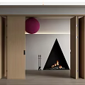 Wooden Folding Doors Open In Modern Living Space With Fireplace And Decorative Pink Ball